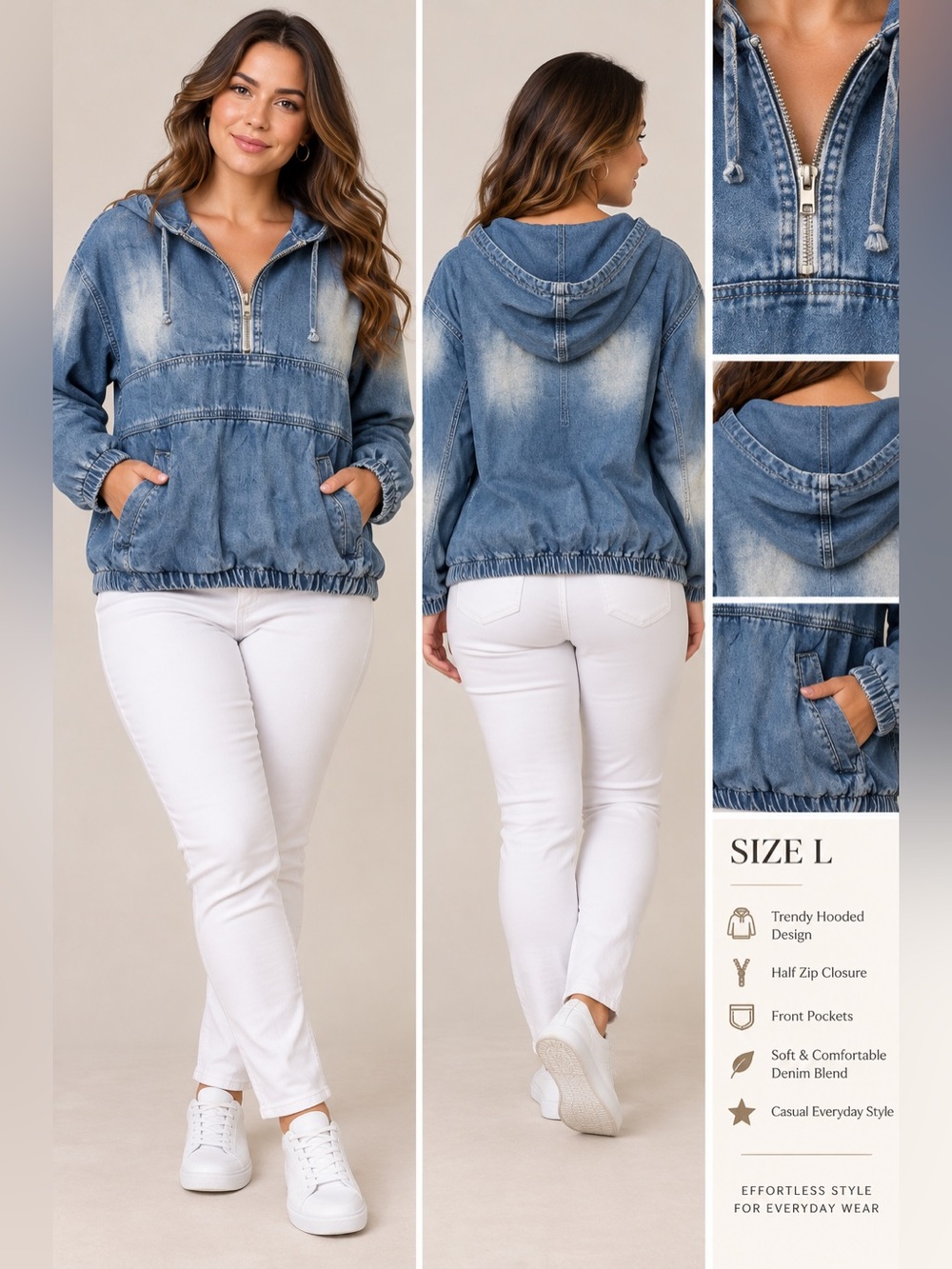 Casual Hooded Denim Pullover Jacket - Blue